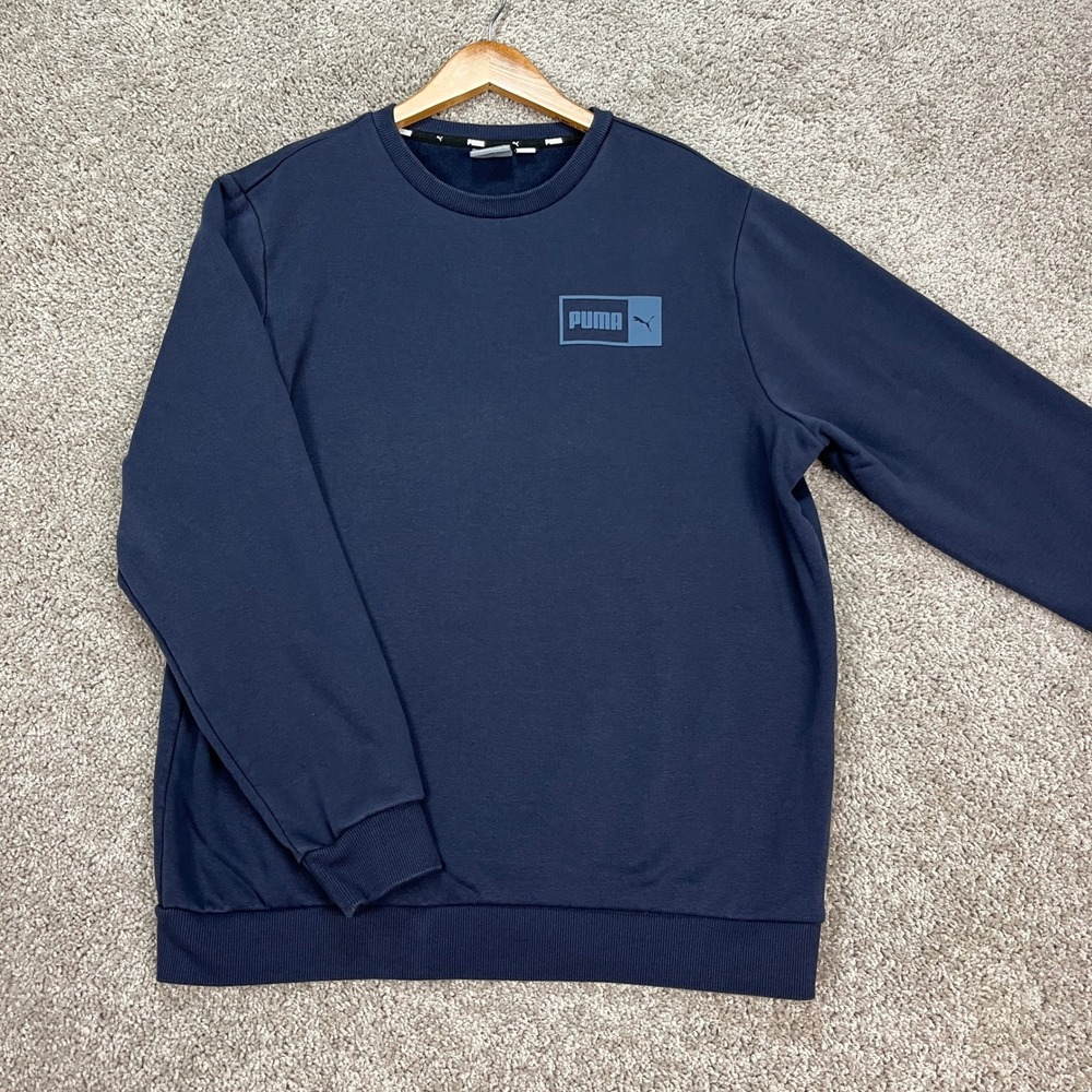 Puma Sweatshirt Mens Large Navy Blue Long Sleeve Crewneck Fleece Pullover EUC